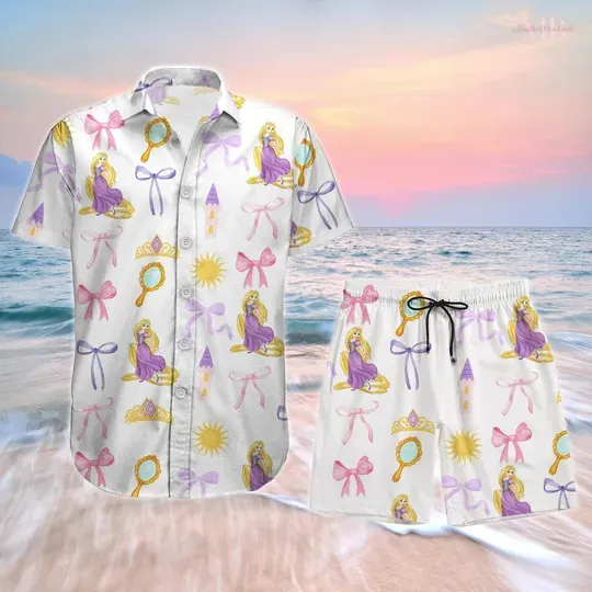 Disney Rapunzel Coquette Button Shirt, Disney Princess Hawaiian Shirt and Shorts, Magic Kingdom Shirt For Men, Disneyland Shirt, Princess Gift