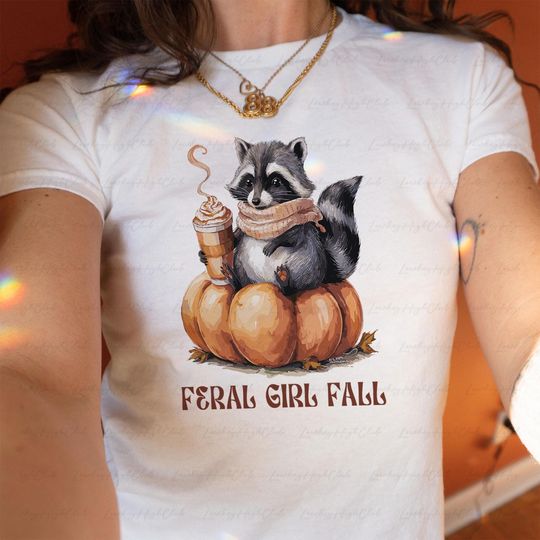 Feral Girl Fall Coquette Baby Tee, Raccoon Autumn Baby Tee, Thanksgiving Pumpkin Crop Top