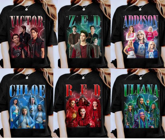 Vintage Disney Channel Zombies 4 T-Shirt with Addison, Nova, Victor, Zed, Chloe, and Descendants Zombies World Tour