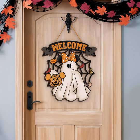 Minnie Mouse Boo Ghost Pumpkin Welcome Wood Decor Hanging, Disney Halloween Wood Wall Art, Spooky Season Door Hanger, Trick Or Treat Gift