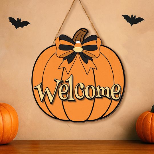 Pumpkin Welcome Wood Sign, Thanksgiving Door Hanger Wooden, Hanging Sign For Autumn Harvest, Thanksgiving Farmhouse Wall Decoration