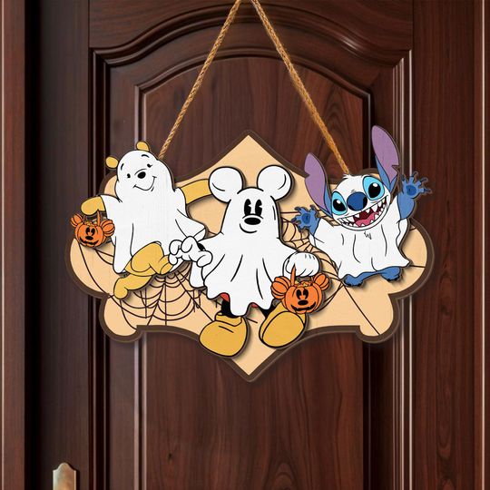 Pooh Mickey Stitch Boo Wood Sign, Cute Disney Halloween Ghost Wood Sign, Fall Trick or Treat Door Hanger, Thanksgiving Sign Decor
