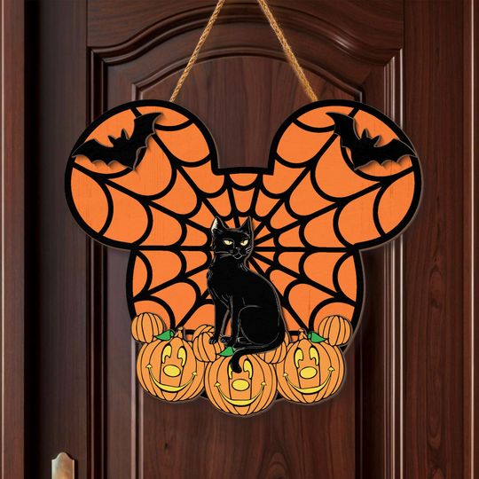 Disney Mickey Spiderweb Black Cat Pumpkin Wood Sign, Mickey Mouse Pumpkin Fall Halloween Door Decor, Hocus Pocus Fall Door Hanger