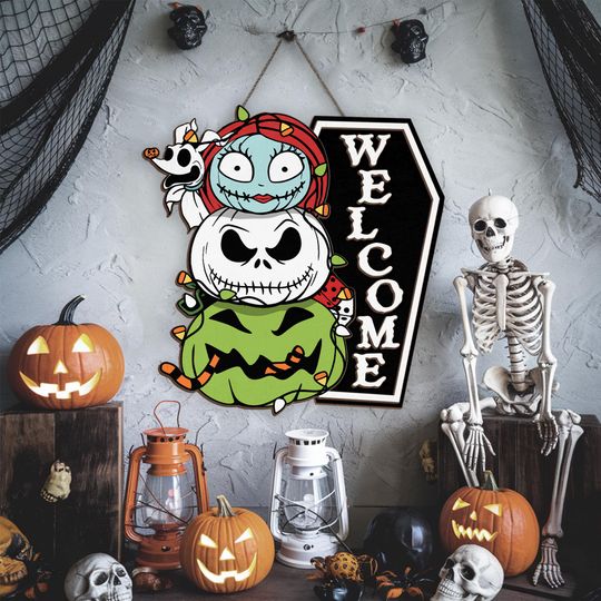 Nightmare Before Christmas Welcome Wood Decor Hanging, Jack Sally Oogie Boogie Zero Dog Wall Art, Disney Halloween Decor, Spooky Season Gift