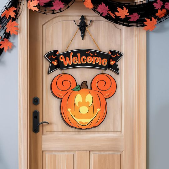 Funny Mickey Mouse Pumpkin Lantern Wood Decor Hanging, Disney Halloween Welcome Door Sign, Disney Halloween Wall Art, Spooky Season Decor