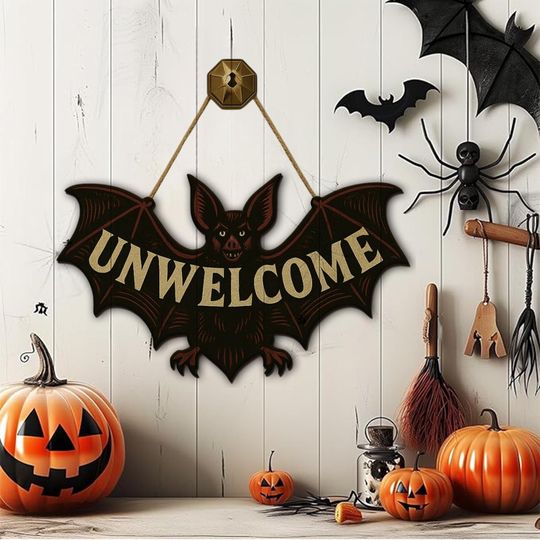 Funny Bat Door Hanger  UNWELCOME Sign for Front Door or Halloween Display - Gothic Halloween Wall Hanging for Spooky Home Decor