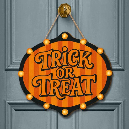 Trick or Treat Door Sign  Light-Up Halloween Hanging Decor for Porch, Front Door, or Indoor Wall Display