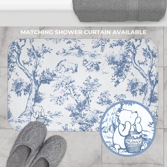 Winnie the Pooh Blue French Toile Bath Mat for Nursery