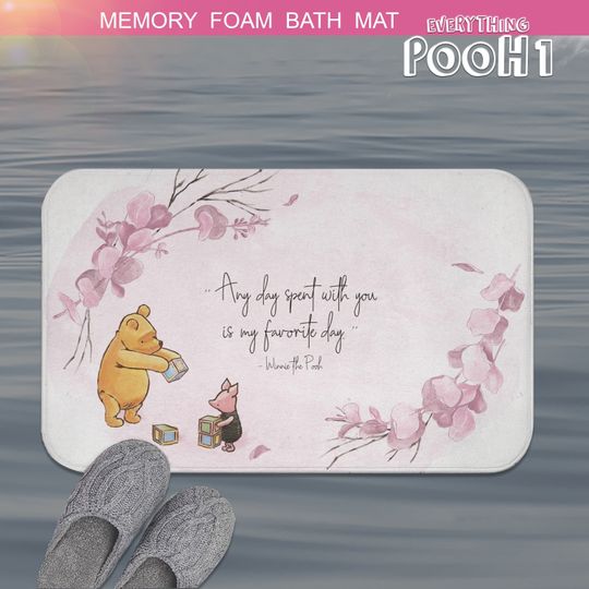 Winnie the Pooh Pink Foliage Bath Mat with Quote, Baby Shower and Nursery Decor, Non-slip Bathroom Rug