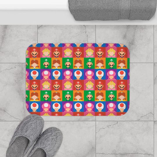 Colorful Retro Gaming Bath Mat, Nintendo Inspired Bathroom Decor, Gamer Gift, Video Game Lover's Accessory