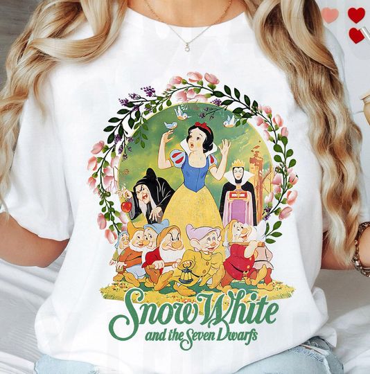 Vintage Disney Snow White Shirt, Snow White And Seven Dwarfs Group Shot Classic Poster Floral Wreath T-Shirt, Disney Family Trip 2025 Tee