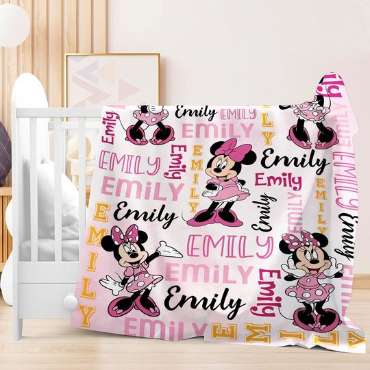 Personalized Watercolor Minnie Mouse Blanket, Minnie Mouse Custom Name Blanket, Baby Girl Birthday Gift, Baby Shower Gift