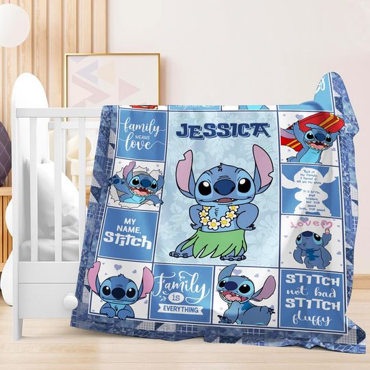 Custom Name Stitch Fleece Blanket, Stitch Ohana Blanket, Cute Stitch Blanket, Disneyland Stitch Blanket, Custom Throw Blanket for Sofa