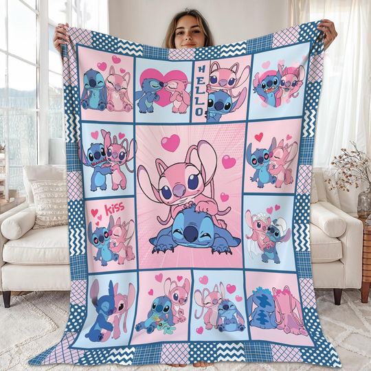 Disneyland Stitch and Angel Blanket, Stitch Cartoon Fleece Blanket, Magic Kingdom Stitch Birthday Gifts Stitch Christmas Gifts