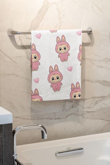 Labubu Pink Bunny Hand Towel - Kawaii Bathroom and Kitchen Decor