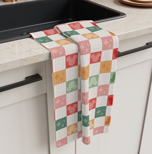 Vintage-inspired Mickey Mouse Checkered Christmas Soft Kitchen Tea Towel, Disney Christmas Home Decor