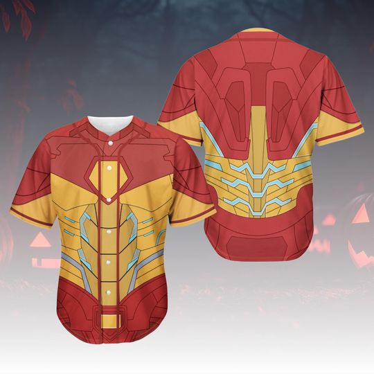 Iron Man Costume Baseball Jersey, Superhero Jersey Shirt, Tony Stark Cosplay Top, Marvel Comic-Inspired Jersey For Fan, Halloween Shirt