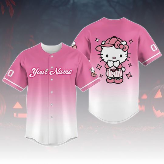 Personalized Hello Kitty Baseball Jersey, Pink Kitty Team Outfit, Custom Hello Kitty Matching Jersey, Cute Family Shirt