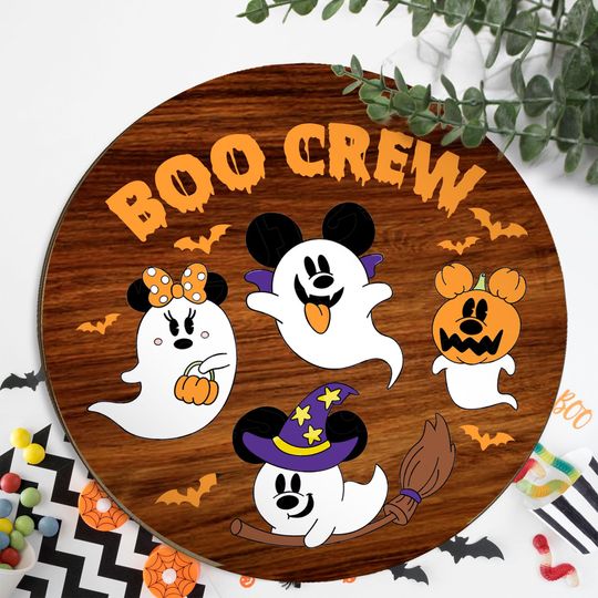 Halloween Disney Door Hanger, Mickey Boo Crew Ghost Family Sign ,Cute Mickey Boo Wooden Round Door Sign
