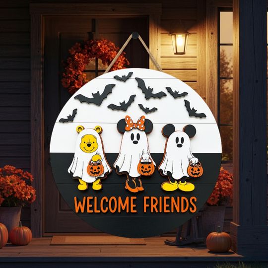 Cute Halloween Door Sign with Ghost Disney Characters and Trick or Treat Design  Welcome Friends Front Door Decor for Fall Season