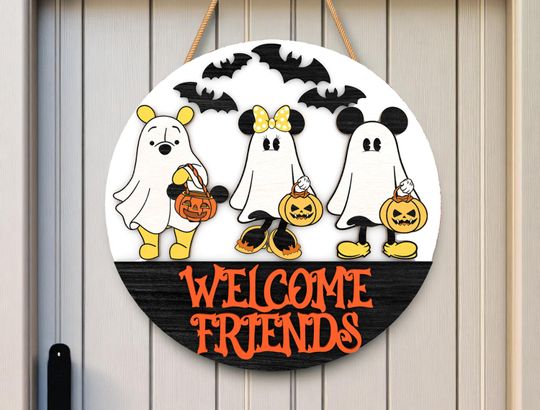 Ghost Halloween Welcome Door Sign, Cute Cut File for Wood Round