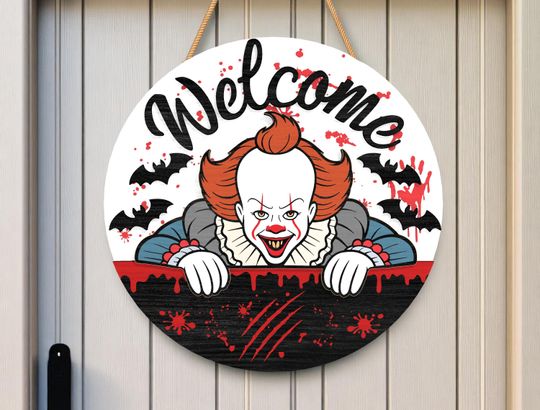 Horror Clown Welcome Sign, Halloween Door Hanger, Spooky Wall Decor