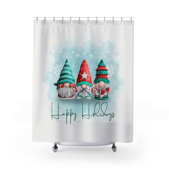 Gnome Winter Shower Curtain, Holiday Bathroom Decor, Woodland Bath Decor