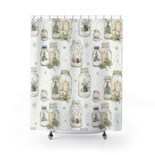 Beige Winter Shower Curtain, Minimalist Aesthetic, 100% Polyester, Durable Bath Curtain, Seasonal Vibes, Vintage Farmhouse
