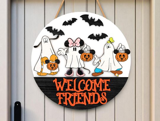 Halloween Ghost Welcome Door Sign, Cute Friends Wood Round Sign