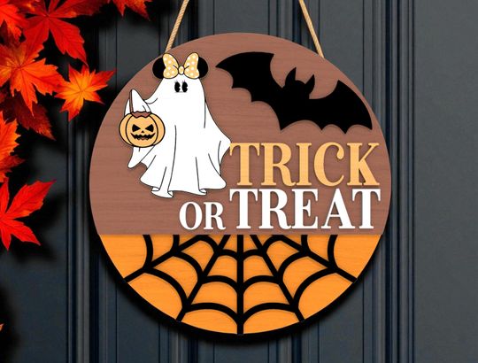 Halloween Door Hanger | Character Cartoon Mouse Ghost Trick or Treat with Pumpkin | Wooden Spider Web Door Sign | Cute Front Door Decor