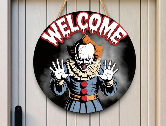Creepy Clown Welcome Door Sign, Halloween Horror Wood Sign , Scary Front Door Decor