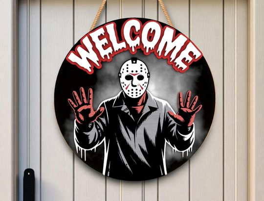 Spooky Welcome Round Wooden Sign | Halloween Home Decor