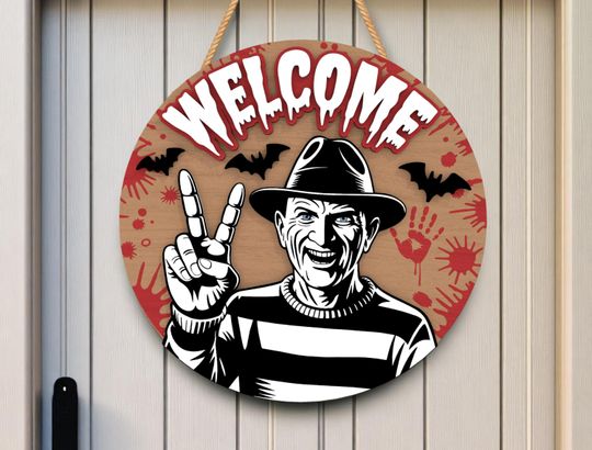 Horror Welcome Round Wooden Sign | Halloween Home Decor | Horror Door Sign