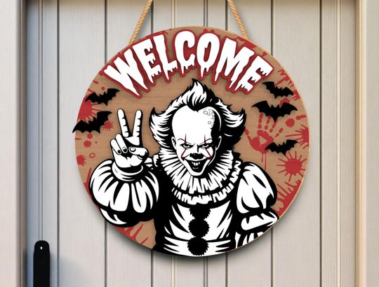 Scary Clown Welcome Sign, Horror Door Hanger, Halloween Porch Decor
