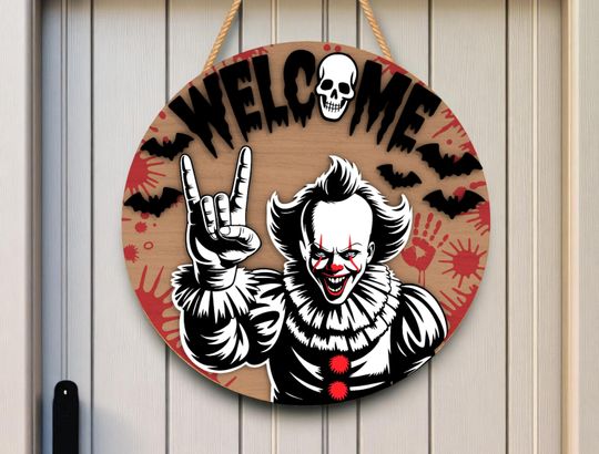 Halloween Dog Welcome Round Wooden Sign | Halloween Home Decor | Horror Door Sign