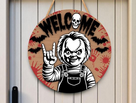 Creepy Doll Welcome Round Wooden Sign | Halloween Home Decor | Horror Door Sign