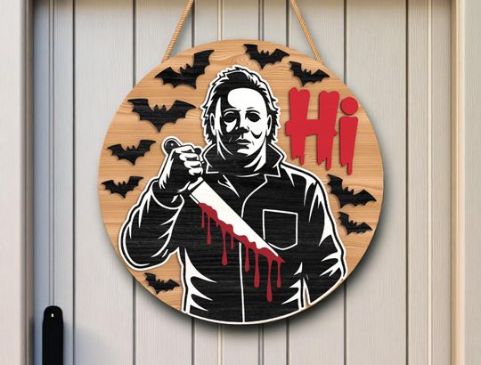 Halloween Knife Welcome Round Wooden Sign | Halloween Home Decor | Horror Door Sign