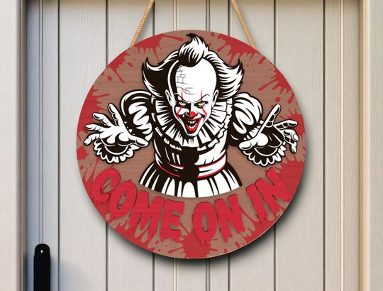 Creepy Clown Round Wooden Sign | Halloween Home Decor | Horror Door Sign