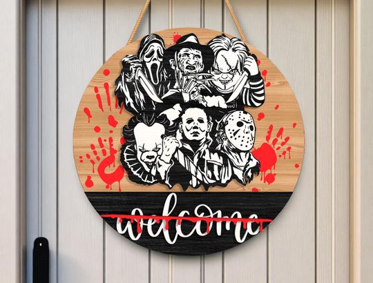 Bloody Horror Icons Welcome Round Wooden Sign | Halloween Home Decor | Horror Door Sign