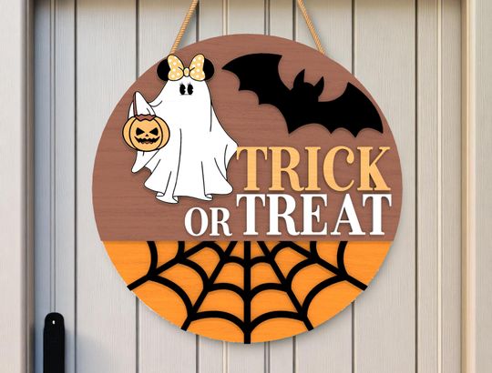 Trick or Treat Girl Ghost Round Wooden Sign | Halloween Home Decor | Horror Door Sign