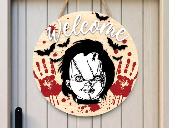 Creepy Doll Welcome Round Wooden Sign | Halloween Home Decor | Horror Door Sign