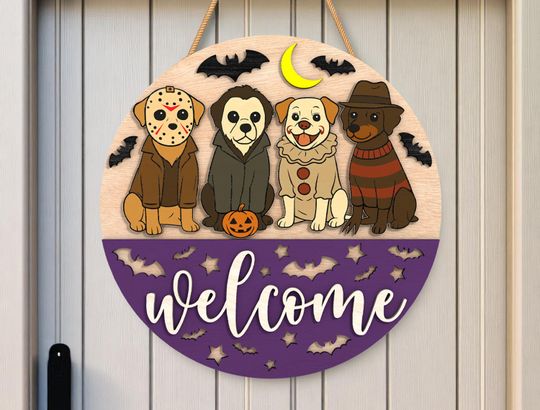 Halloween Dog Welcome Round Wooden Sign | Halloween Home Decor | Horror Door Sign