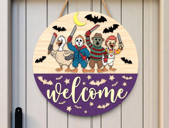Funny Halloween Duck Round Wooden Sign | Halloween Home Decor | Horror Door Sign