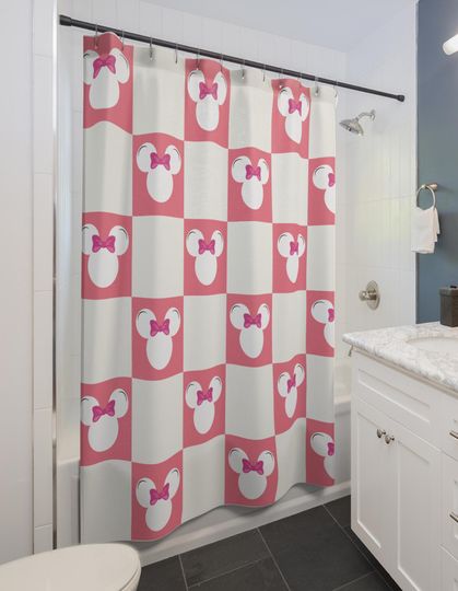 Minnie Mouse Pink Checkerboard Shower Curtain, Disney Bathroom Decor, Polyester Fabric, Kids Shower Curtain