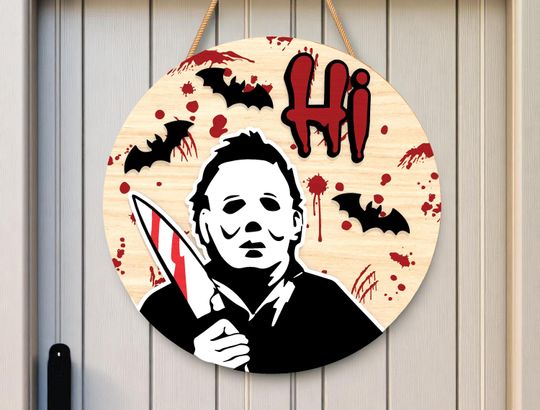 Horror Knife Door Round Wooden Sign | Halloween Home Decor | Horror Door Sign