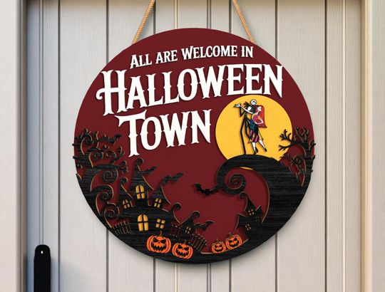 Halloween Town Welcome Round Wooden Sign | Halloween Home Decor | Horror Door Sign