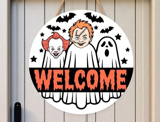Scary Ghost Welcome Round Wooden Sign | Halloween Home Decor | Horror Door Sign