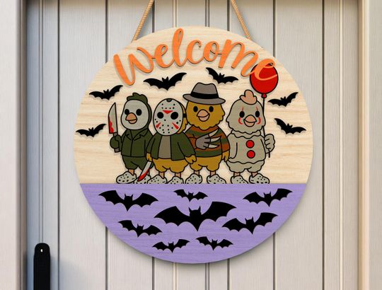 Cute Halloween Door Round Wooden Sign | Halloween Home Decor | Horror Door Sign