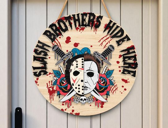 Horror Themed Door Sign, Scary Masked Face Wooden Wall Art , Halloween