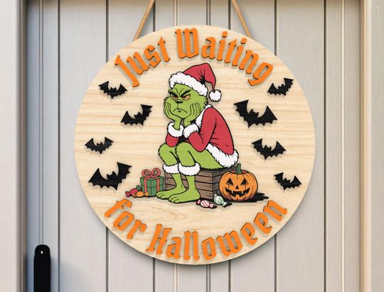 funny character Just Waiting for Halloween Round Door Sign, Funny Christmas Halloween